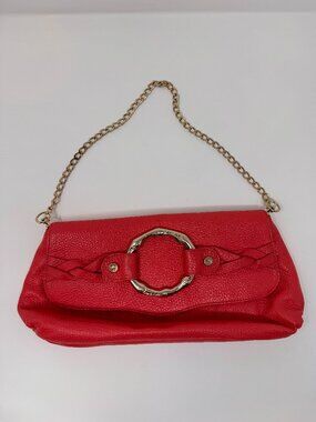 ELAINE TURNER Bryn Coral Pebbled Leather Bamboo Ring Braided Clutch Pristine 12"